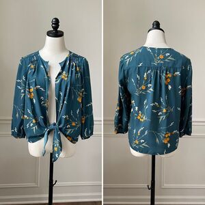 Collective Concept Stitch Fix Open Front Knotted Green Floral Blouse M Petite